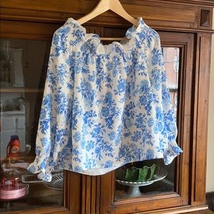 Blue Toile Off-the-Shoulder Tuckernuck Blouse